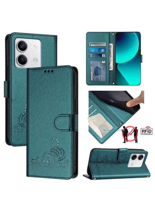 The Bros Case For Xiaomi Redmi Note 13 5G Global Cat Rat Embossed Pattern RFID PU Phone Case with Wrist Strap