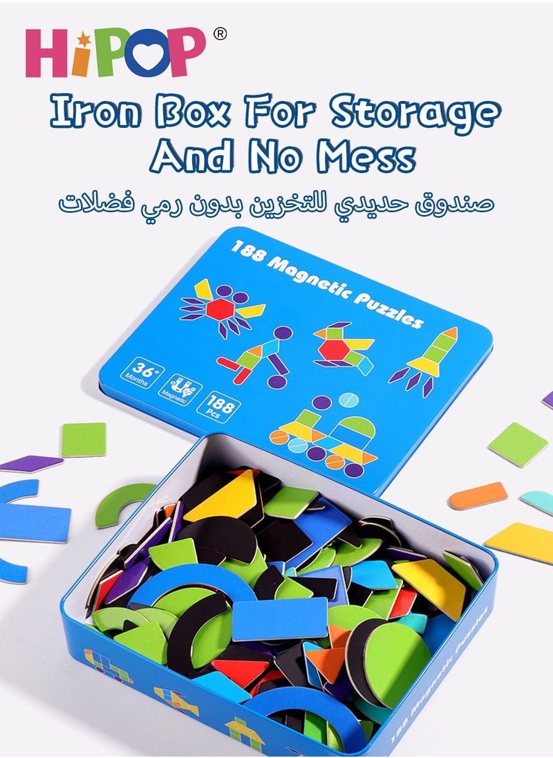 HIPOP 188 قطعة أحجية مغناطيسية مع صندوق حديدي، أرقام وحروف ذات أشكال هندسية، ألعاب معرفية للتعليم المبكر، ألعاب مكعبات بناء خشبية  - Image 5