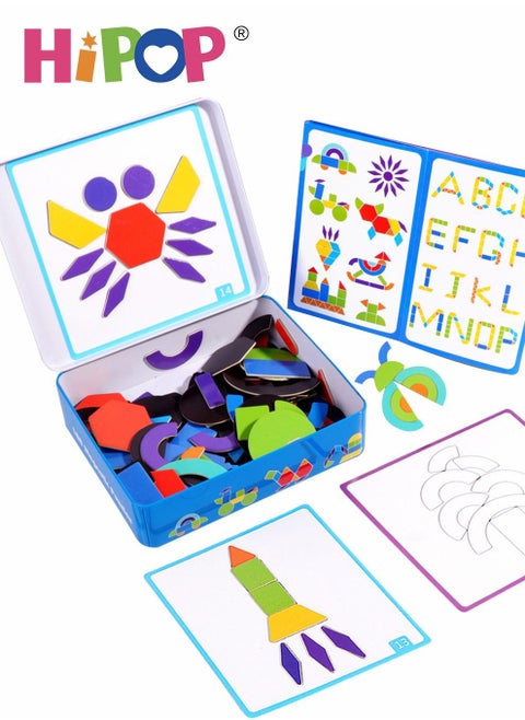 188 Pieces Magnetic Puzzle with Iron Box, Geometric Shape Numbers and Letters Early Education Cognitive Toys, Wooden Building Block Toys