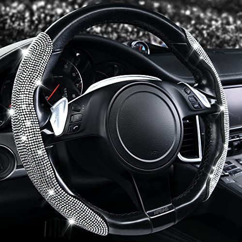 CAR PASS Bling Diamond Segmented Steering Wheel Cover with Crystal Rhinestones 2PCS Wheel Protector NonSlip Cute Car Accessories Universal Fit DShape OShape 145 to 16 for Women Silver Diamond - Image 1