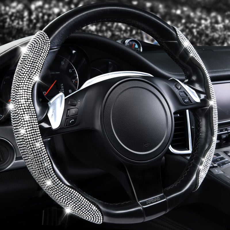 CAR PASS Bling Diamond Segmented Steering Wheel Cover with Crystal Rhinestones 2PCS Wheel Protector NonSlip Cute Car Accessories Universal Fit DShape OShape 145 to 16 for Women Silver Diamond - Image 2