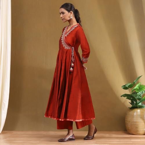 Biba Women Rust Polyester Blend Anarkali Embroidered Kurta Set_34 - Image 3