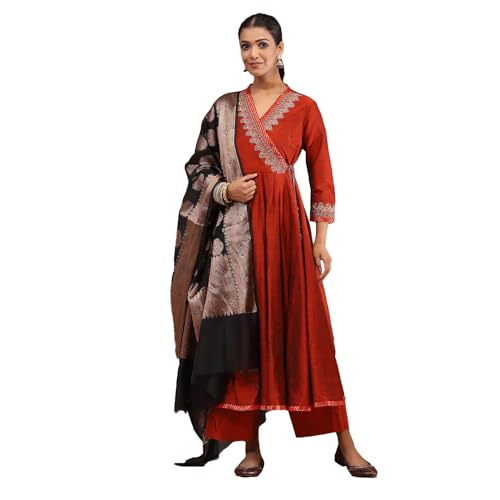 Biba Women Rust Polyester Blend Anarkali Embroidered Kurta Set_34 - Image 1