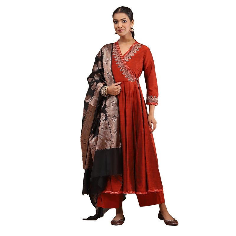 Biba Women Rust Polyester Blend Anarkali Embroidered Kurta Set_34 - Image 2