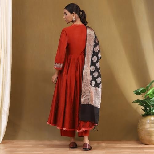 Biba Women Rust Polyester Blend Anarkali Embroidered Kurta Set_34 - Image 5