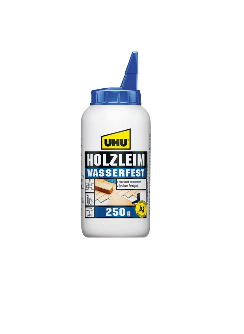 UHU UHU HOLZLEIM WASSERFEST WOOD GLUE, D3 Water Resistant White Glue - Suitable For All Bonding Common Types Of Wood, Bottle, 250 G, Dries Transparent, Adhesive For DIY, Building, Repair And Model Making  - Image 1