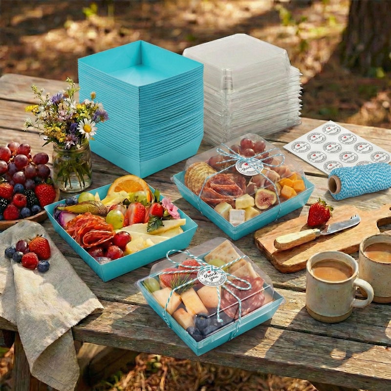 Leafiew 50 Pack Small Charcuterie Boxes with Clear Lids - To Go Paper Mini Charcuterie Box, Disposable Food Containers, 5Inch Dessert Boxes - Sandwich, Cookie, Sushi, Cake Slice, Strawberries (Blue) - Image 5