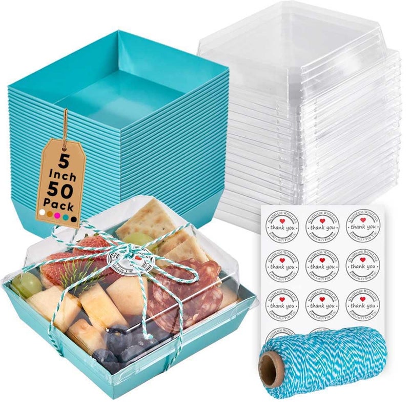 Leafiew 50 Pack Small Charcuterie Boxes with Clear Lids - To Go Paper Mini Charcuterie Box, Disposable Food Containers, 5Inch Dessert Boxes - Sandwich, Cookie, Sushi, Cake Slice, Strawberries (Blue) - Image 1