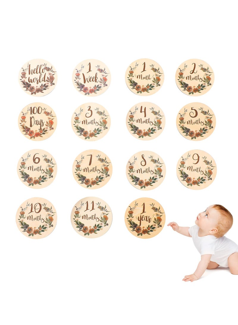 SYOSI Baby Monthly Milestone 15 Pcs Milestone Numbers Props Wooden Newborn Welcome Discs Sign Baby Milestone Cards Weekly Monthly Growth Milestone Signs Baby Announcement Props for Boys Girls Photo Prop - Image 1