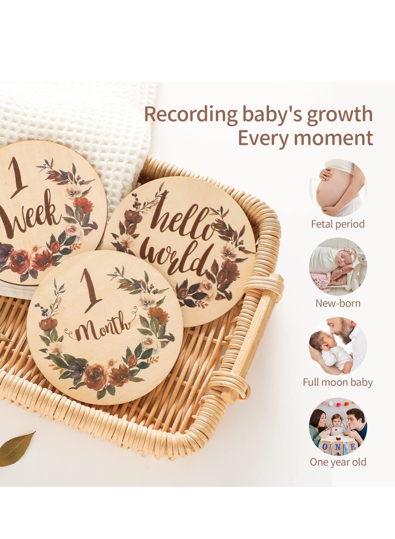 SYOSI Baby Monthly Milestone 15 Pcs Milestone Numbers Props Wooden Newborn Welcome Discs Sign Baby Milestone Cards Weekly Monthly Growth Milestone Signs Baby Announcement Props for Boys Girls Photo Prop - Image 2