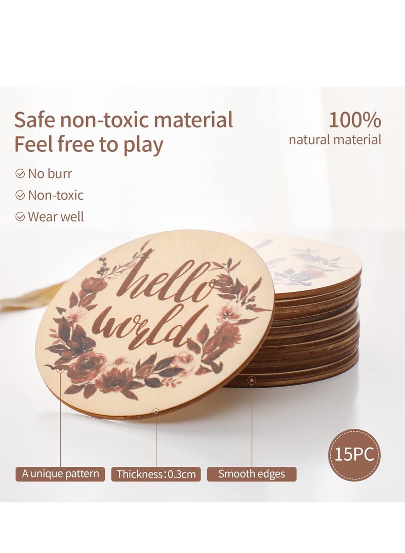 SYOSI Baby Monthly Milestone 15 Pcs Milestone Numbers Props Wooden Newborn Welcome Discs Sign Baby Milestone Cards Weekly Monthly Growth Milestone Signs Baby Announcement Props for Boys Girls Photo Prop - Image 3