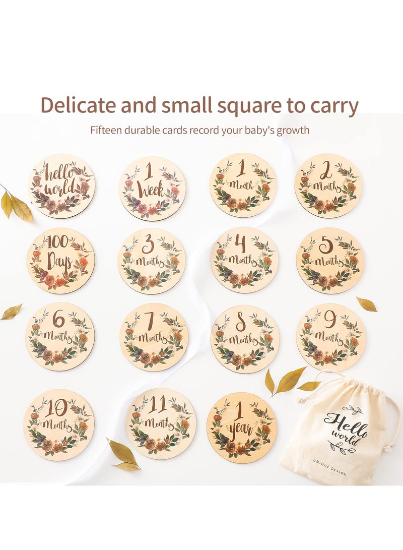 SYOSI Baby Monthly Milestone 15 Pcs Milestone Numbers Props Wooden Newborn Welcome Discs Sign Baby Milestone Cards Weekly Monthly Growth Milestone Signs Baby Announcement Props for Boys Girls Photo Prop - Image 4