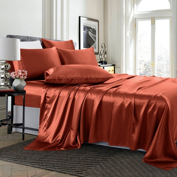 6 PIECE SATIN SHEETS QUEEN SIZE SILKY SMOOTH ORANGE RUST SATIN SHEET SET WITH DEEP POCKET SATIN FITTED SHEET FLAT SHEET 4 SATIN PILLOWCASE