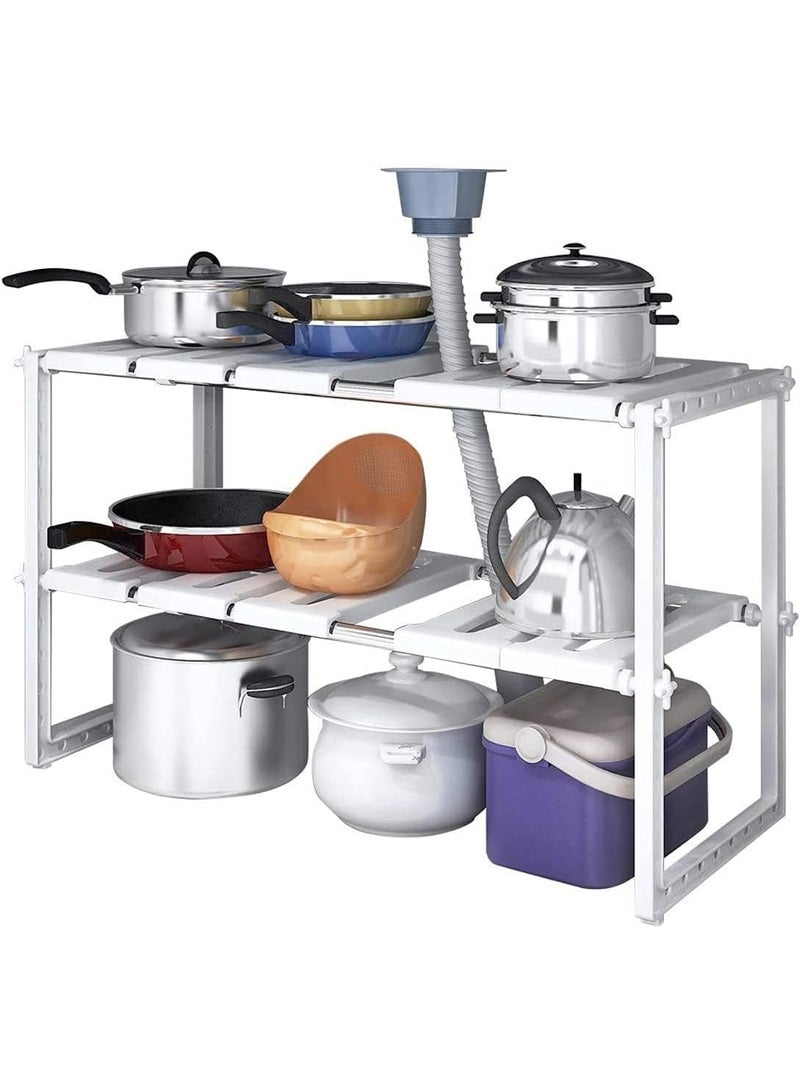 رف منظم لتخزين أدوات حمام السباحة أسفل الحوض، حامل رفوف بلاستيكي قابل للتعديل للمطبخ، رف من طبقتين للخزانة، مخزن الحمام، أبيض، منظم متين وموفر للمساحة - Image 4