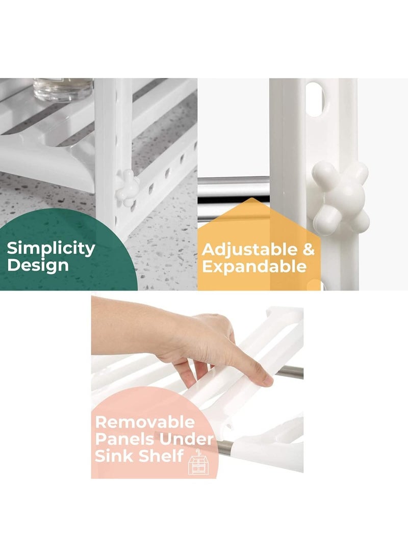 رف منظم لتخزين أدوات حمام السباحة أسفل الحوض، حامل رفوف بلاستيكي قابل للتعديل للمطبخ، رف من طبقتين للخزانة، مخزن الحمام، أبيض، منظم متين وموفر للمساحة - Image 5