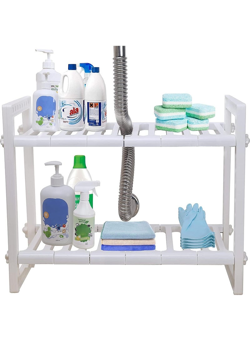 رف منظم لتخزين أدوات حمام السباحة أسفل الحوض، حامل رفوف بلاستيكي قابل للتعديل للمطبخ، رف من طبقتين للخزانة، مخزن الحمام، أبيض، منظم متين وموفر للمساحة - Image 3