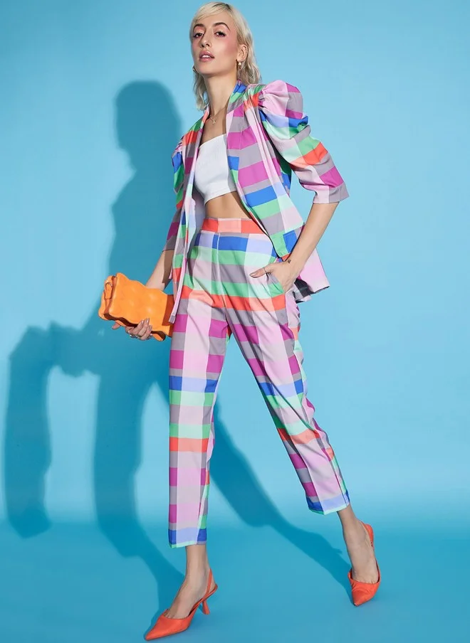 Multicolor Checked Blazer And Tapered Pants Co-Ords For Women