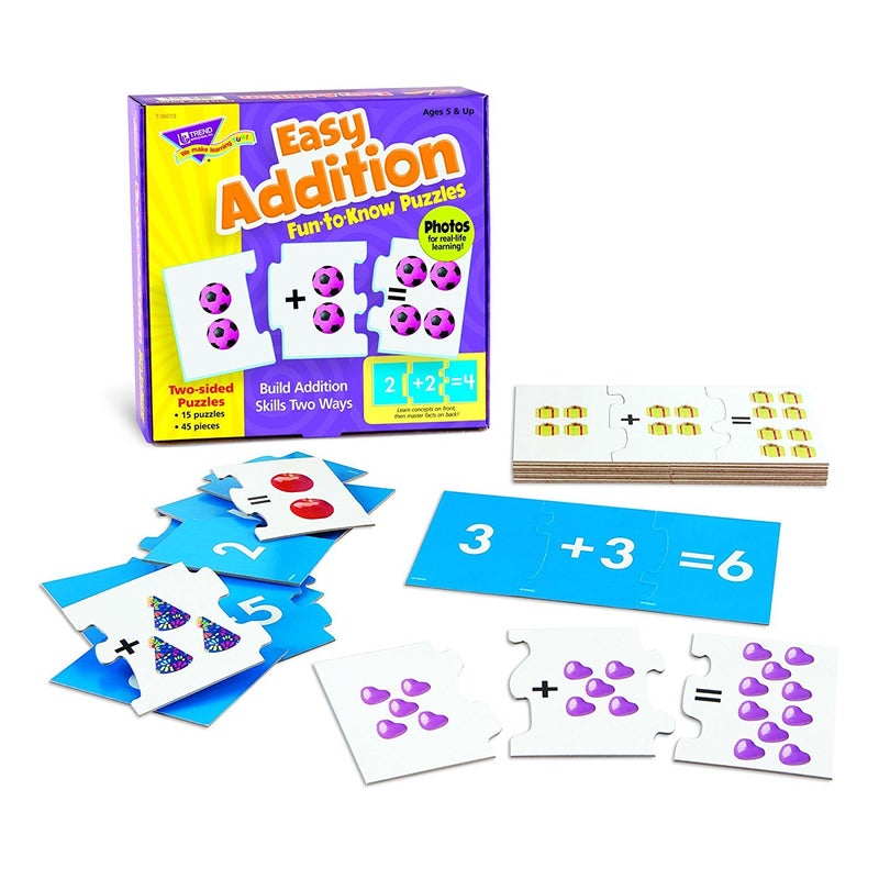 Trend Enterprises: Fun-to-Know Puzzles: Easy Addition, Learn to Add & Solve Basic Equations, 15 Three-Piece Two-Sided Puzzles, Self-Checking, 30 Puzzles Total, for Ages 4 and Up - Image 1