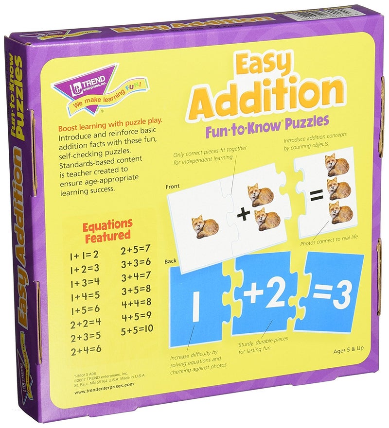 Trend Enterprises: Fun-to-Know Puzzles: Easy Addition, Learn to Add & Solve Basic Equations, 15 Three-Piece Two-Sided Puzzles, Self-Checking, 30 Puzzles Total, for Ages 4 and Up - Image 2