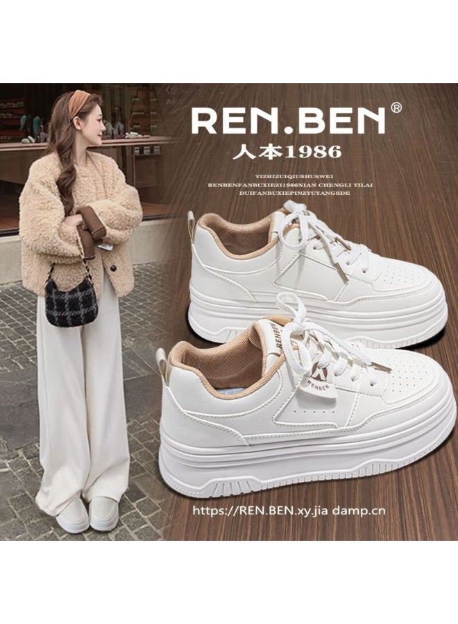 Renben Thick Sole White Sneakers 2025 Spring Autumn New Commuter Stylish Casual Breathable Height Increasing Student Skate Shoes