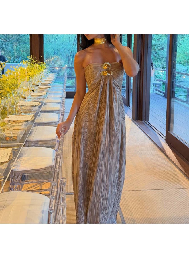 Spring/summer New European And American Style Elegant Pleated Strapless Evening Party Dress Gown