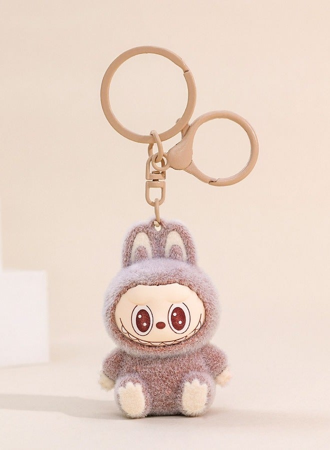 Flocked Keychain Charm, Cute - Labubu - Plush Bag Accessory, Brown Mini Figure, Creative Gift For Boys Girls Kids Birthday 