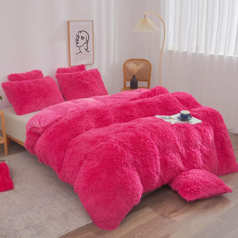 XeGe Plush Faux Fur Duvet Cover Queen Size Luxury Shaggy Fluffy Hot Pink Comforter Cover 1 PC Soft Furry Fuzzy Velvet Bedding with Zipper Closure for Bedroom Queen Hot Pink
