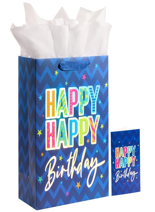 SUNCOLOR 13" Large Happy Birthday Gift Bag with Card and Tissue Paper (Blue Happy Happy Birthday) - Image 1