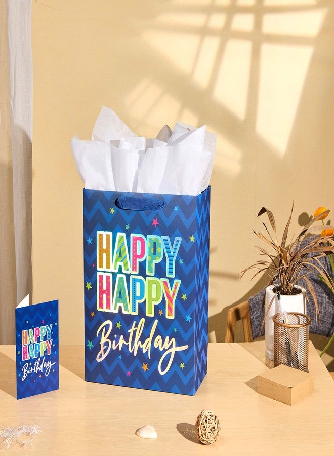 SUNCOLOR 13" Large Happy Birthday Gift Bag with Card and Tissue Paper (Blue Happy Happy Birthday) - Image 2
