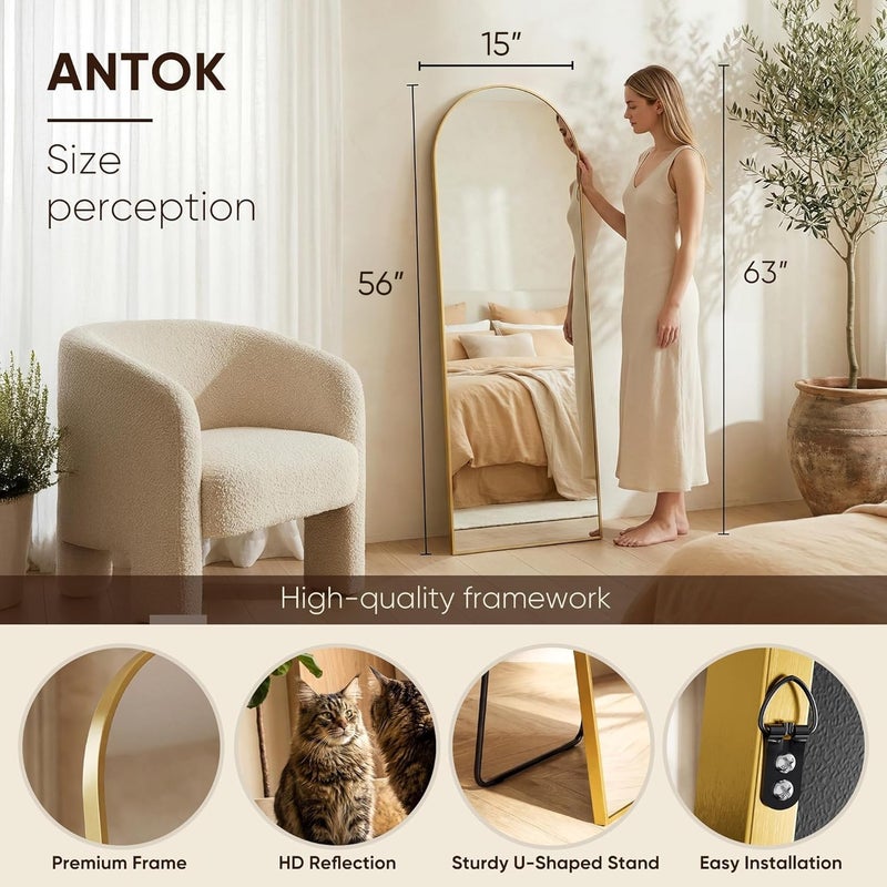 Antok 56" x15â€ Arched Full Length Floor Mirror, Gold Aluminum Frame, Free Standing/Wall Mount/Leaning for Bedroom, Living Room, Dressing Room - Image 4
