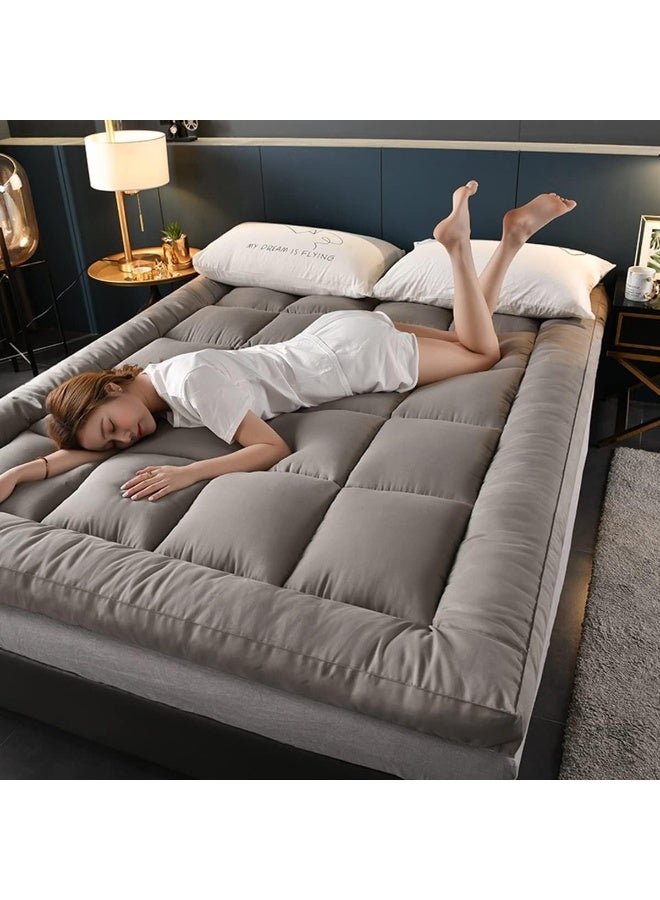 Single Super Soft Material Mattress Topper - 200 x 100+6 cm, 85 Gsm Microfiber 1 cm Stripe - 500Gsm Soft, Firm, Extra Thick Fibersheet With 4 Sides Elastic Bands, Gray - Image 2