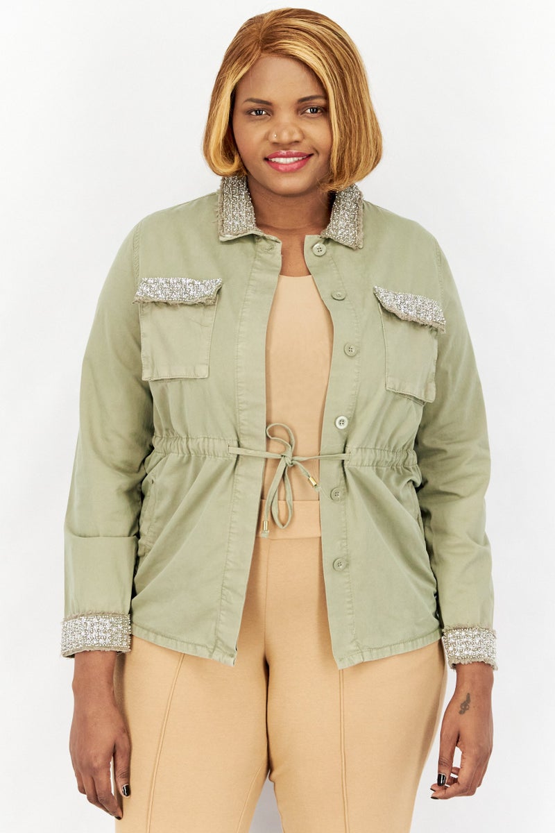 TWINSET Women Textured Long Sleeve Jacket, Olive  - Image 1