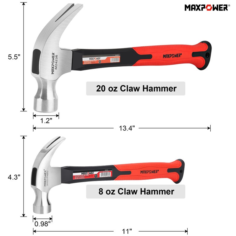 Maxpower مجموعة مطارق MAXPOWER، مطارق مخلب 8 أونص و20 أونص، رأس مطرقة من الفولاذ الكربوني المصقول ومقبض من الألياف الزجاجية مع قبضة مطاطية - Image 2