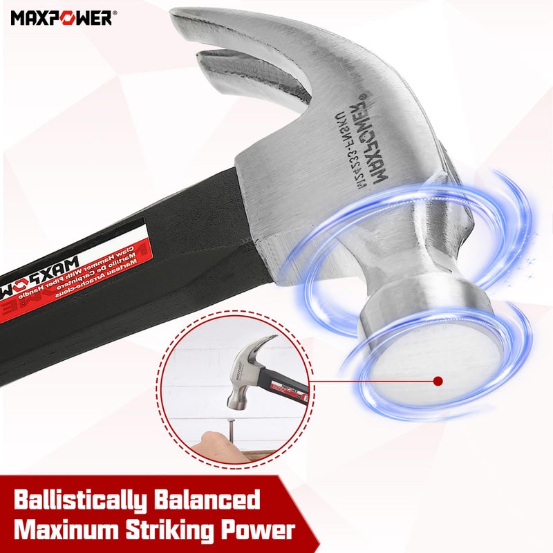 Maxpower مجموعة مطارق MAXPOWER، مطارق مخلب 8 أونص و20 أونص، رأس مطرقة من الفولاذ الكربوني المصقول ومقبض من الألياف الزجاجية مع قبضة مطاطية - Image 3