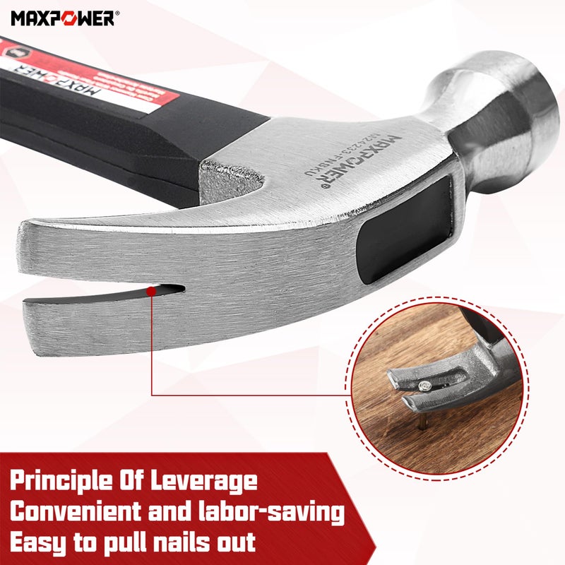 Maxpower مجموعة مطارق MAXPOWER، مطارق مخلب 8 أونص و20 أونص، رأس مطرقة من الفولاذ الكربوني المصقول ومقبض من الألياف الزجاجية مع قبضة مطاطية - Image 4