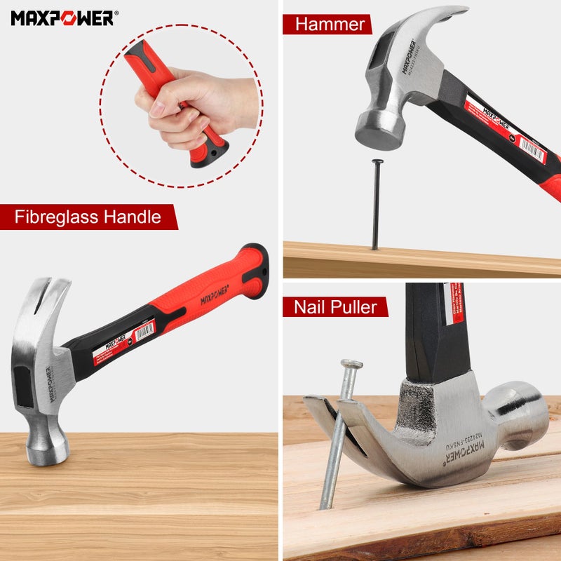 Maxpower مجموعة مطارق MAXPOWER، مطارق مخلب 8 أونص و20 أونص، رأس مطرقة من الفولاذ الكربوني المصقول ومقبض من الألياف الزجاجية مع قبضة مطاطية - Image 5