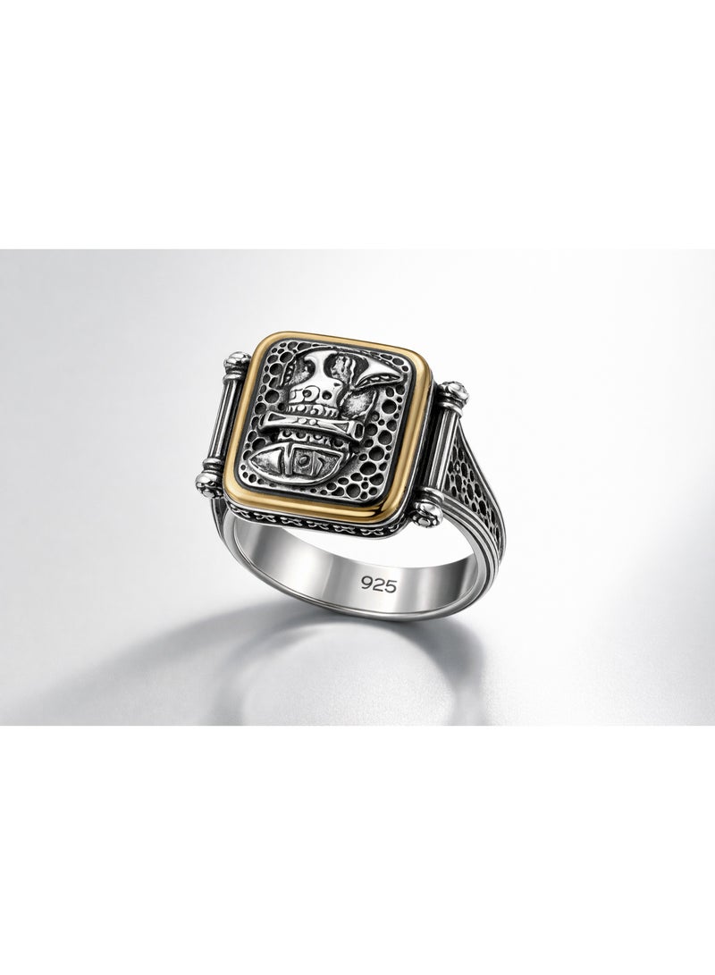 Fine Silver 925 Sterling Silver Men's Vintage Shield Ring - Two-Tone Design
