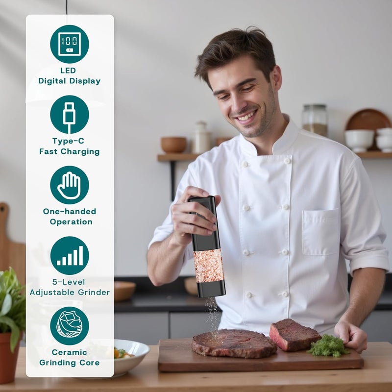 IFONPY Upgraded Larger Capacity Electric Salt and Pepper Grinder Set Rechargeable with Digital Display, Refillable Electric Pepper Grinder Mill Set with Light & Ceramic Core, Adjustable Coarseness - Image 5