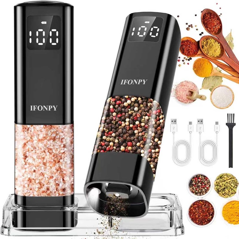 IFONPY Upgraded Larger Capacity Electric Salt and Pepper Grinder Set Rechargeable with Digital Display, Refillable Electric Pepper Grinder Mill Set with Light & Ceramic Core, Adjustable Coarseness - Image 1