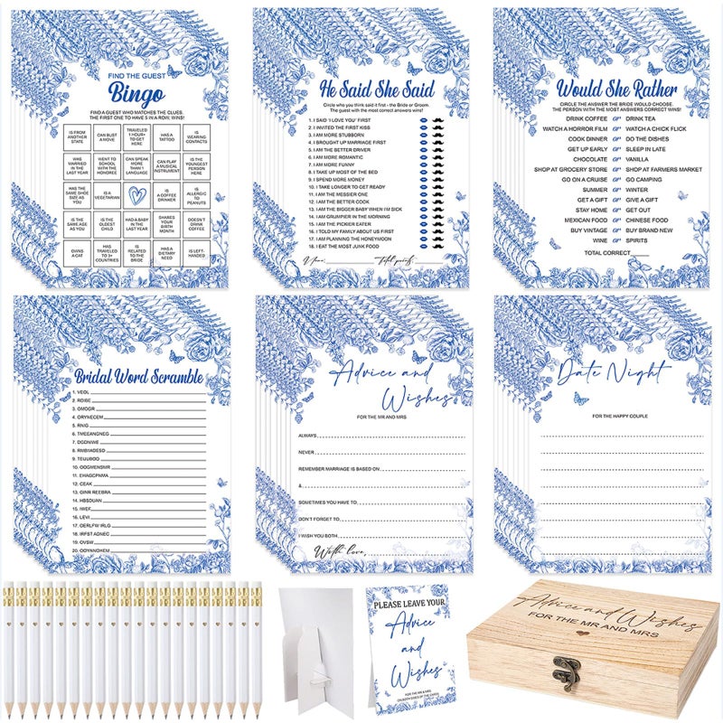 Silipull Bridal Shower Games Set for 50 Guests Includes Bingo, He Said She Said, Scramble, Would She Rather, Advice and Wishes Wedding Games Double Sided with Wooden Box, 20 Pencils (Lemon) - Image 1