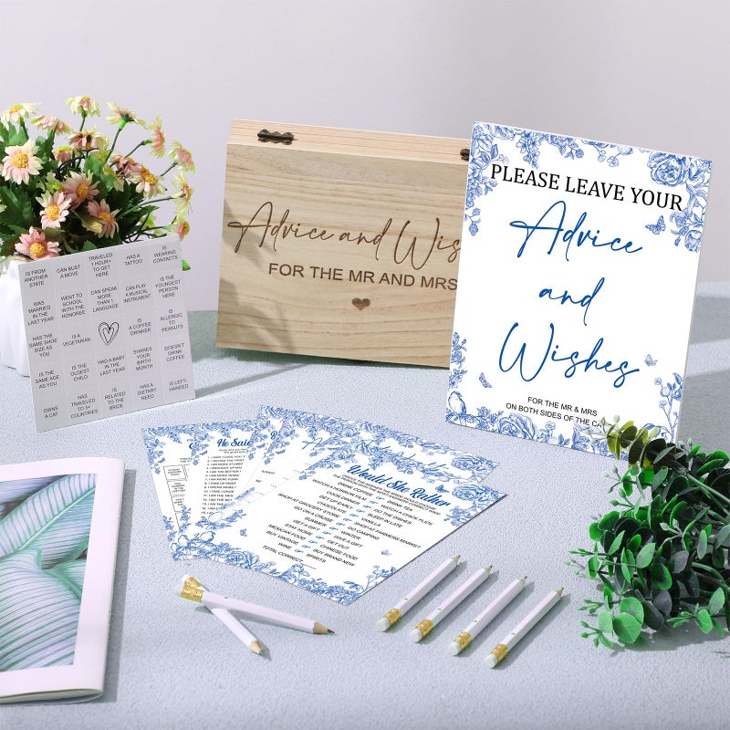 Silipull Bridal Shower Games Set for 50 Guests Includes Bingo, He Said She Said, Scramble, Would She Rather, Advice and Wishes Wedding Games Double Sided with Wooden Box, 20 Pencils (Lemon) - Image 4