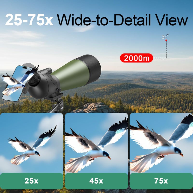 Gosky Flagship 25-75x80 Spotting Scope - Spotting Scopes with Tripod, Carrying Bag and Quick Phone Holder BAK4 Waterproof Spotter Scope for Bird Watching Target Shooting,Upgraded Version - Image 2