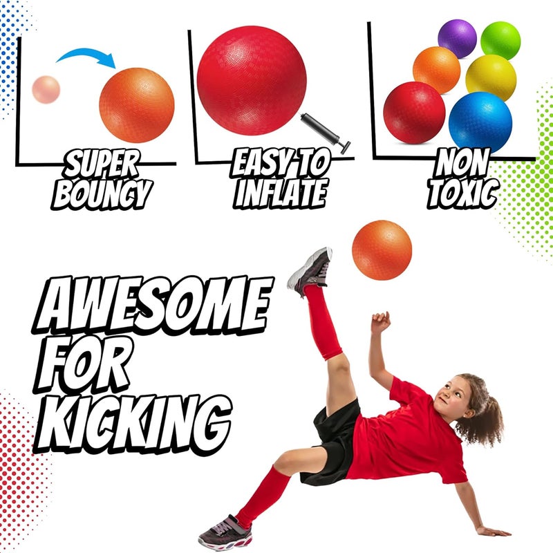 PlayBolt 8.5 Inch Playground Balls Dodgeballs for Kids & Adults - (Pack of 6) Inflatable Rubber Indoor Outdoor Bouncy, Kickballs, Four Square and Handballs for School, Gym, Recess and More with Ball Pump - Image 2