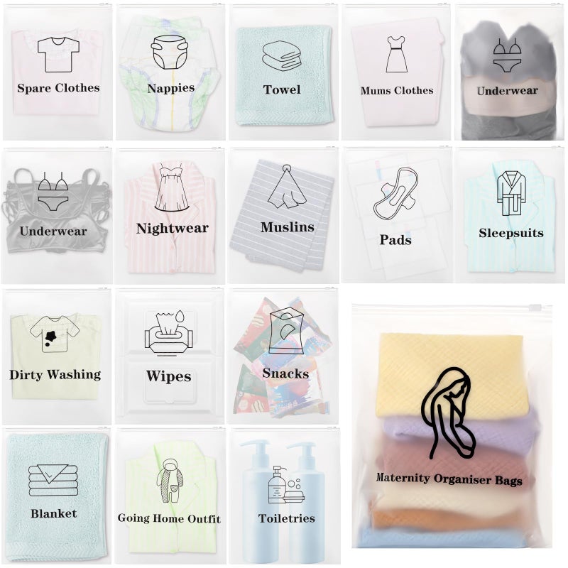 Nuby 20 Pcs Baby Hospital Maternity Organiser Bags, 38 * 28cm Reusable Plastic Ziplock Hospital Bags Maternity Essentials Travel Clothes Storage Bags for Mum to Be, Newborn Baby - Image 1