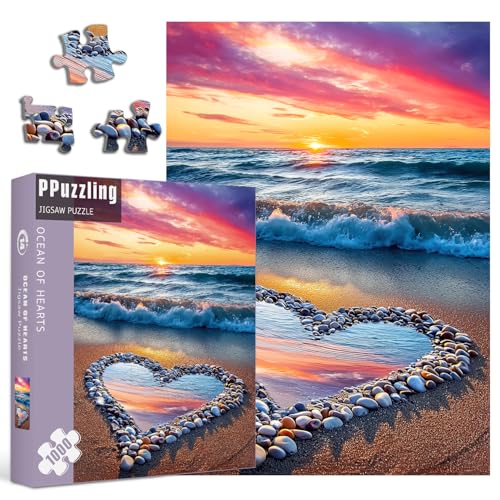 PPuzzling Beach Puzzles for Adults 1000 Pieces Ocean Sunset Heart Jigsaw Puzzle Colorful Marine Love Puzzle - Image 1
