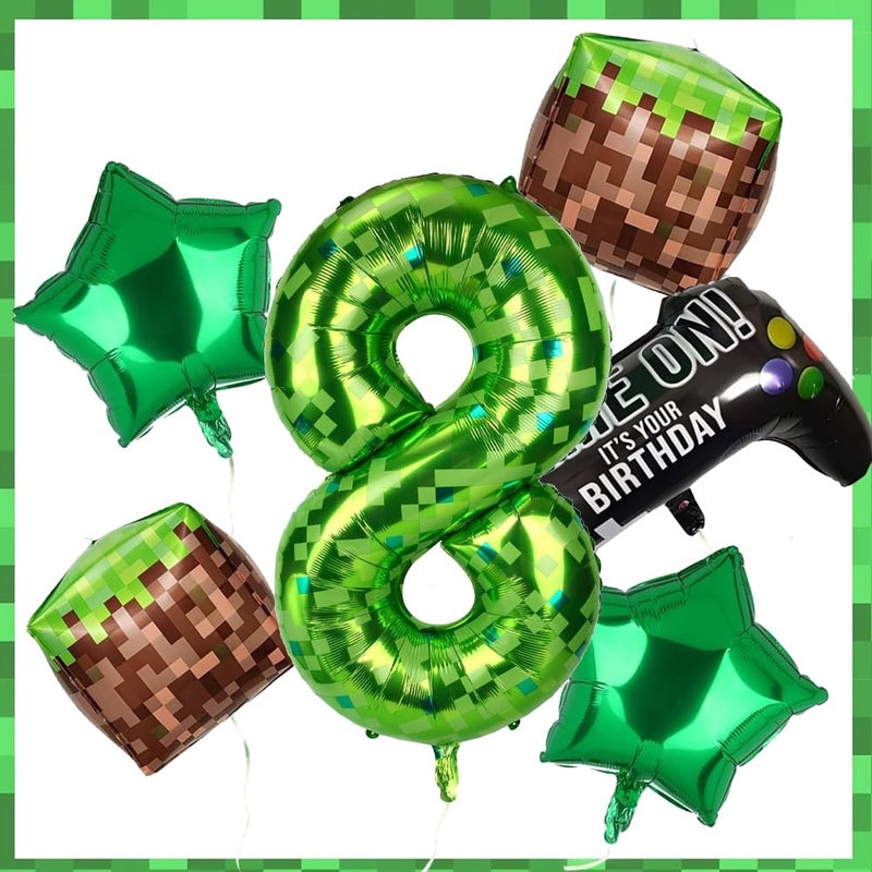 duile 40 Inch Green Pixel Miner Number Foil Balloon Set 5Pcs Large Mylar Number Balloons For Boys Girls Pixel Cubes Video Game Birthday Party Decorations (8) - Image 1