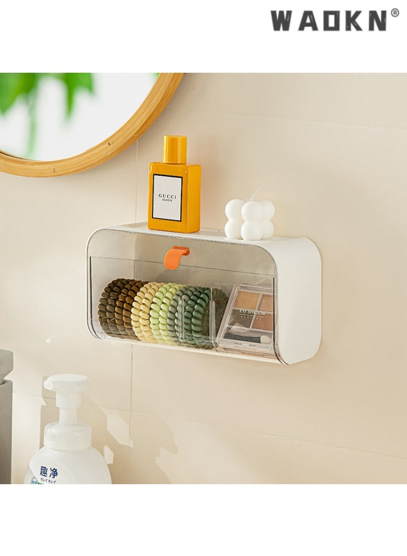 WAOKN Wall-mounted light luxury transparent storage box with free division, multi-purpose for sanitary napkins and cosmetics, equipped with a convenient open-and-close lid（white）  - Image 1