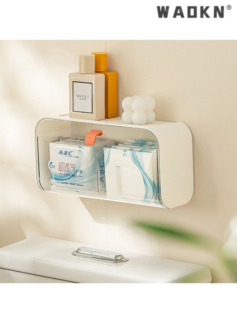 WAOKN Wall-mounted light luxury transparent storage box with free division, multi-purpose for sanitary napkins and cosmetics, equipped with a convenient open-and-close lid（white）  - Image 2