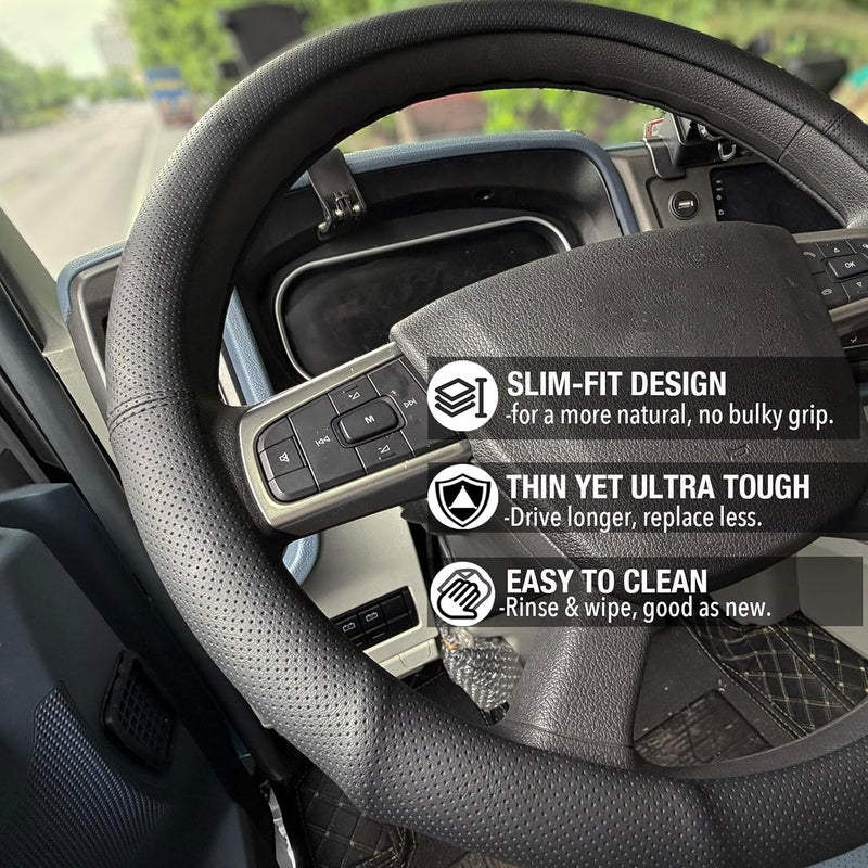 PINCTROT XL 17.5-18in Nappa Leather Supported Grip Steering Wheel Cover for Semi Truck, Fits RV, Big Rig Trucker, 18 Wheeler and Classic Cars, Anti-Slip Slim Perforated Design 17.5-18 Inch (Black) - Image 3