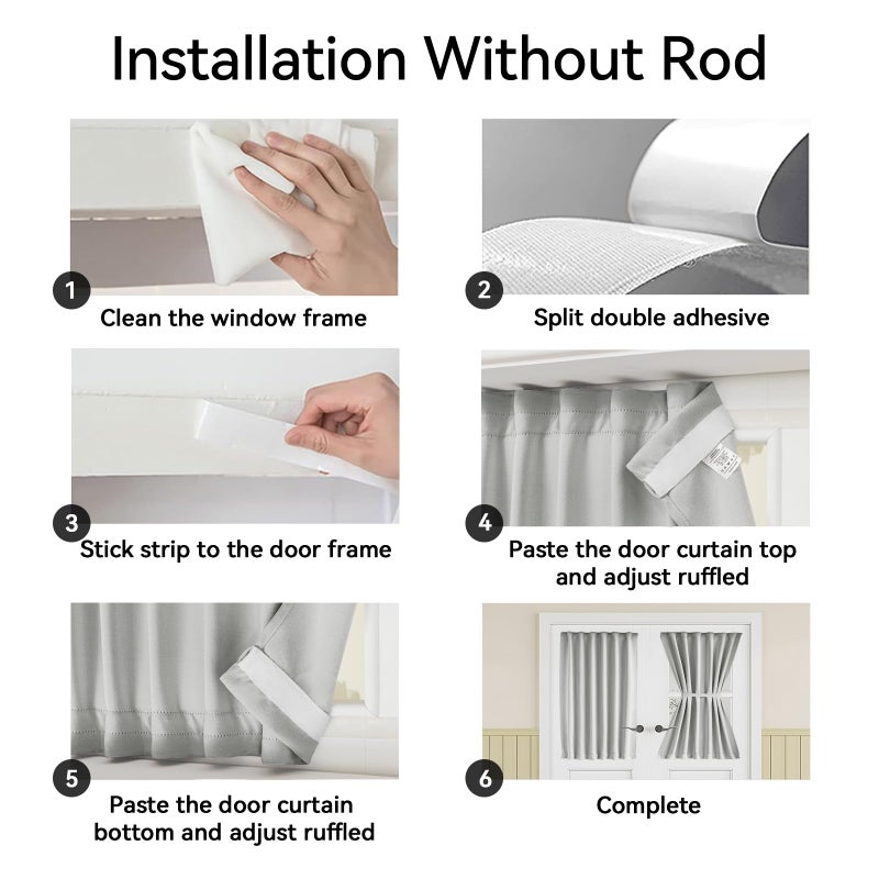Vatge Front Door Curtains for Glass Window - Self Adhesive French Door Curtain with Tieback for Patio Door, 1 Panel, W25 x L72, Silver Grey - Image 3